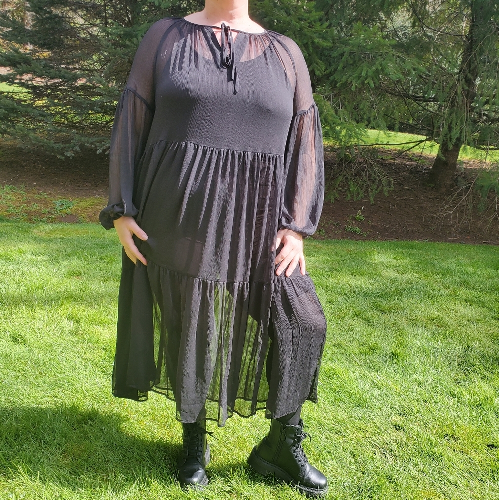 Banana Republic Factory, Sheer Black Chiffon Tiered Longsleeve Dress, Size L